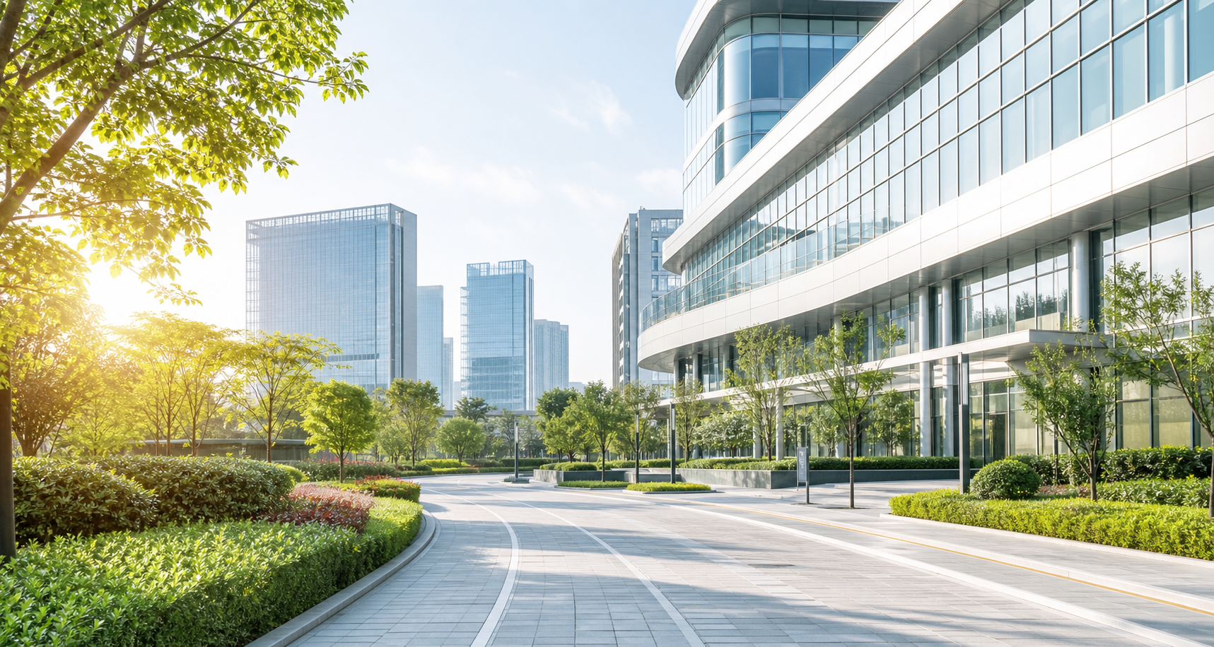 Modern glass hospital buildings and trees in a bright city healthcare district